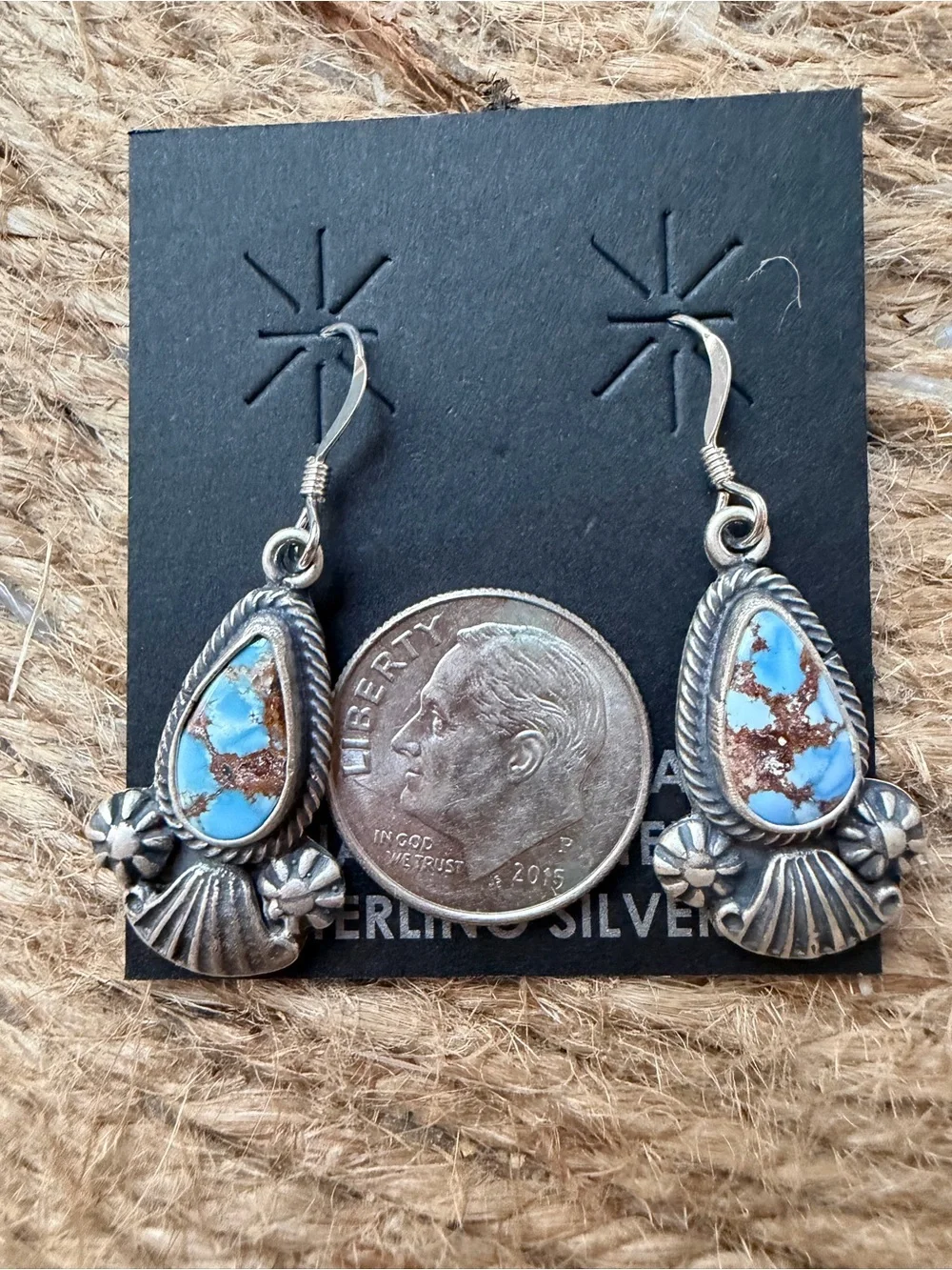 Verley Betone Navajo Turquoise Teardrop Sterling Silver Dangle Earrings